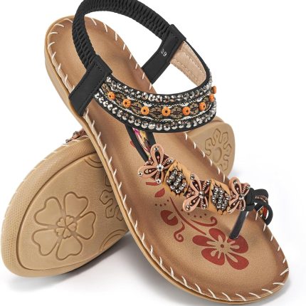 Women Sandals Flats Shoes: Comfortable Bohemian Beaded Dressy Summer Flat Casual Ankle Strap Elastic Slip on Beach Sandal